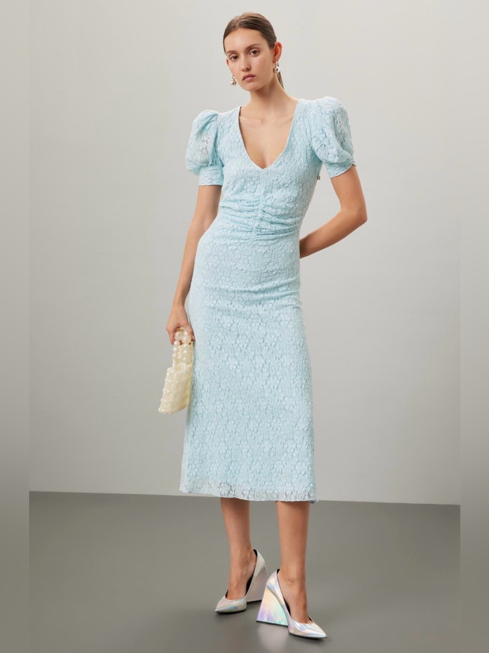 Rotate~Lace Puff-Sleeve Light Blue Lace Midi Dress~Size 4~$290~
